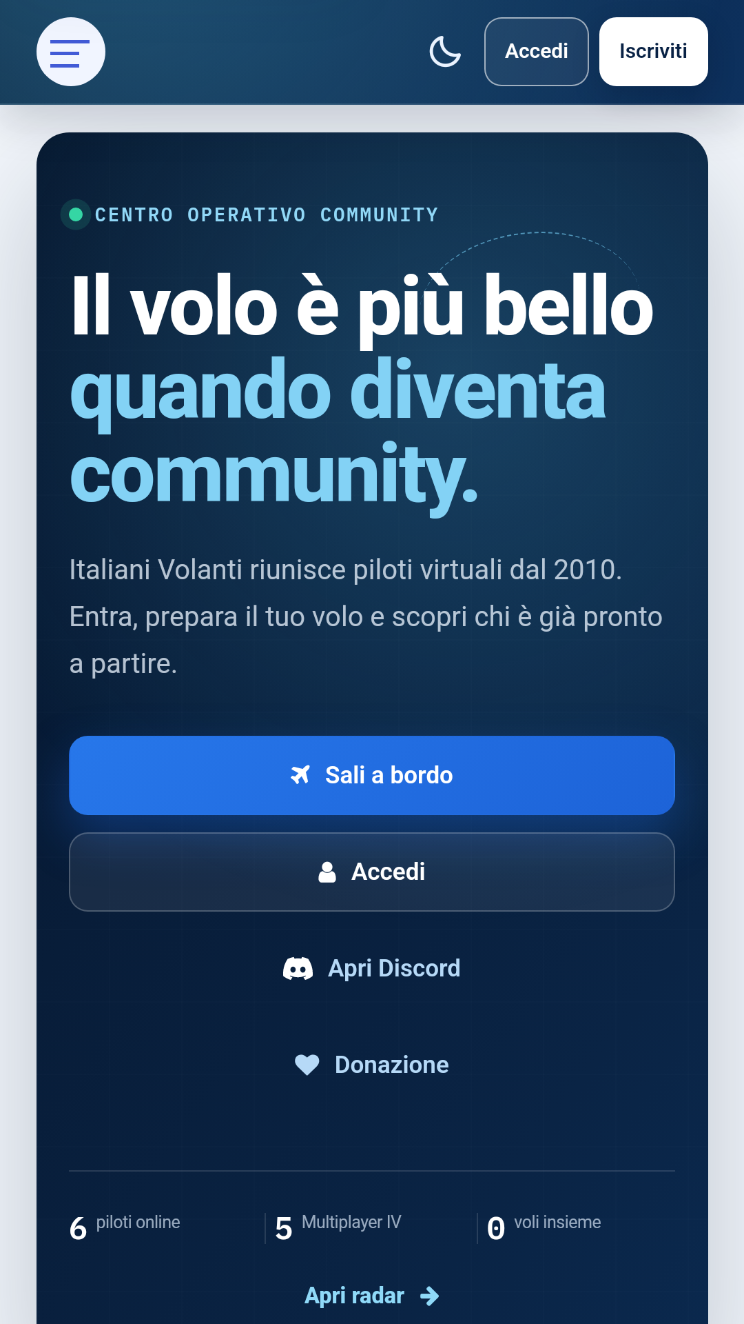 Anteprima della Home di Italiani Volanti nell’app